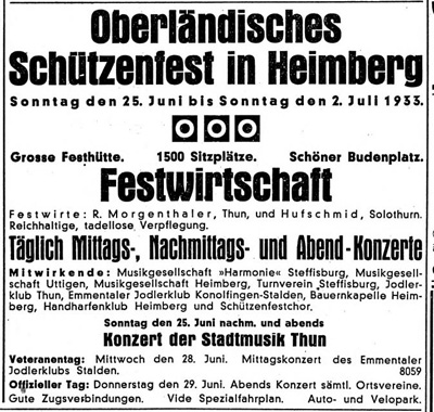 Oberländer Tagblatt, Band 57, Nummer 143, 22. Juni 1933   Inserat Oberl. Schützenfest in Heimberg