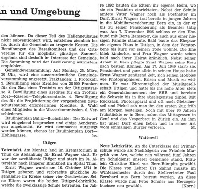 Thuner Tagblatt, Band 92, Nummer 55, 6. März 1968   Totentafel Ernst Wagner